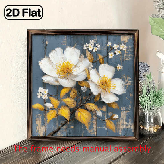 2D Flat - 1pc Wooden Frames for Bedroom Wall Decoration, Featuring Floral Designs Suitable for Farmhouse Decor, 8x8 Inch Decorative Signs Plaques