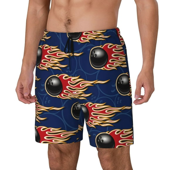 Disketp Bowling Ball And Flame for Men's Double Layer Sports Swim Trunks,Stretchy Swim Trunks,Perfect for Swimming, Beach & Sports Activities-Small