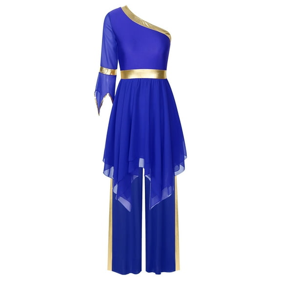 YONGHS Womens Praise Dance Outfits for Worship Liturgical One Shoulder Dance Dress with Wide-Leg Pants Royal Blue S