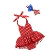 thumbnail image 3 of Qmyliery 2 Pcs Newborn Independence Day Outfits, Baby Girl Sleeveless Tie Up Pentagram Print Halter Romper with Pompom + Bowknot Headband, 3 of 8