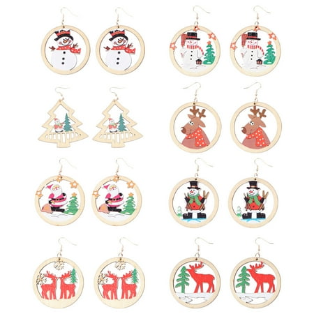 

Hemoton 8 Pairs of Christmas Earrings Wooden Ear Pendant Hollow-out Printing Earrings