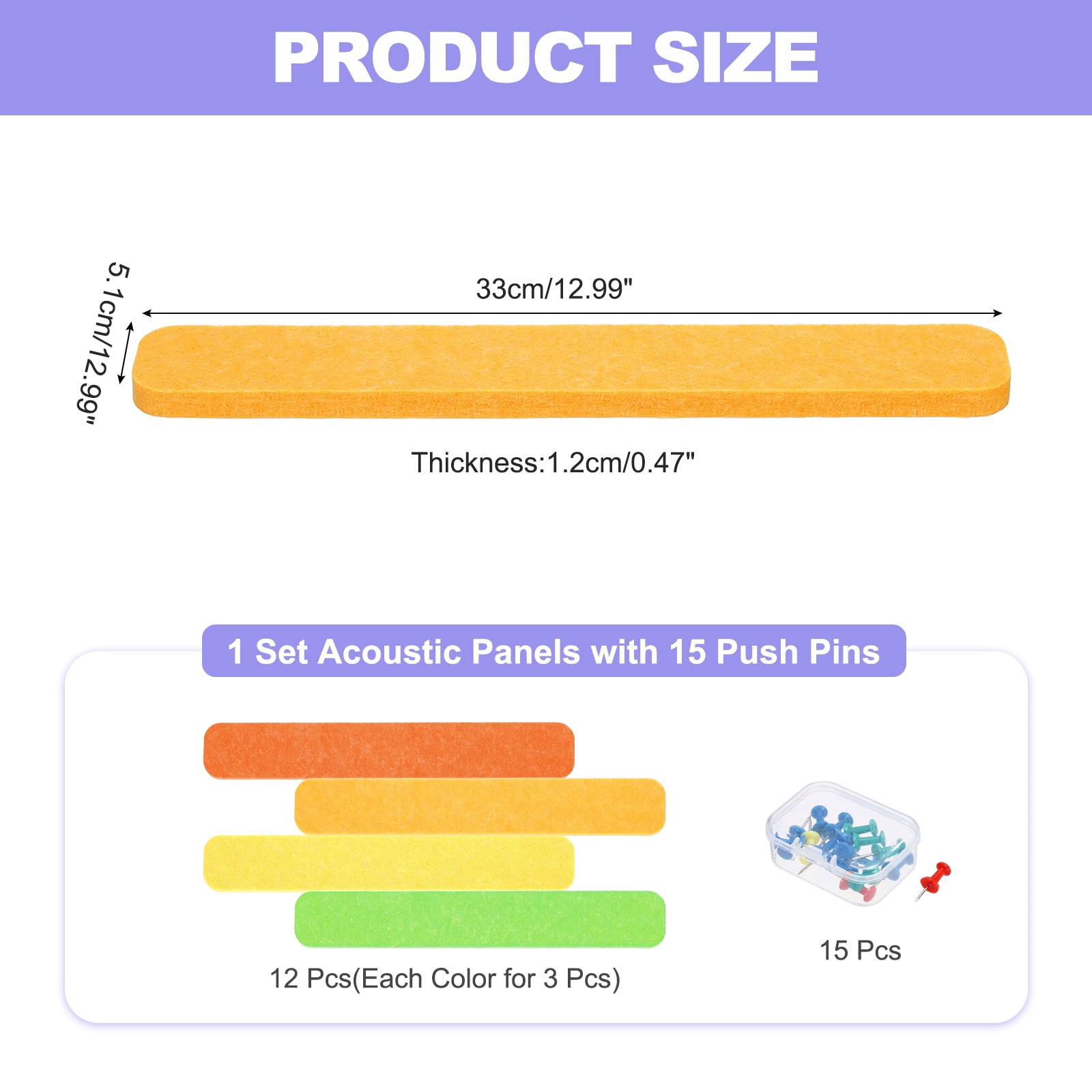 Uxcell 12 Pcs B1 Rectangle Acoustic Panels 12.99'' x 2.01'' with Push Pins Orange-Red Orange Green Lemon Yellow