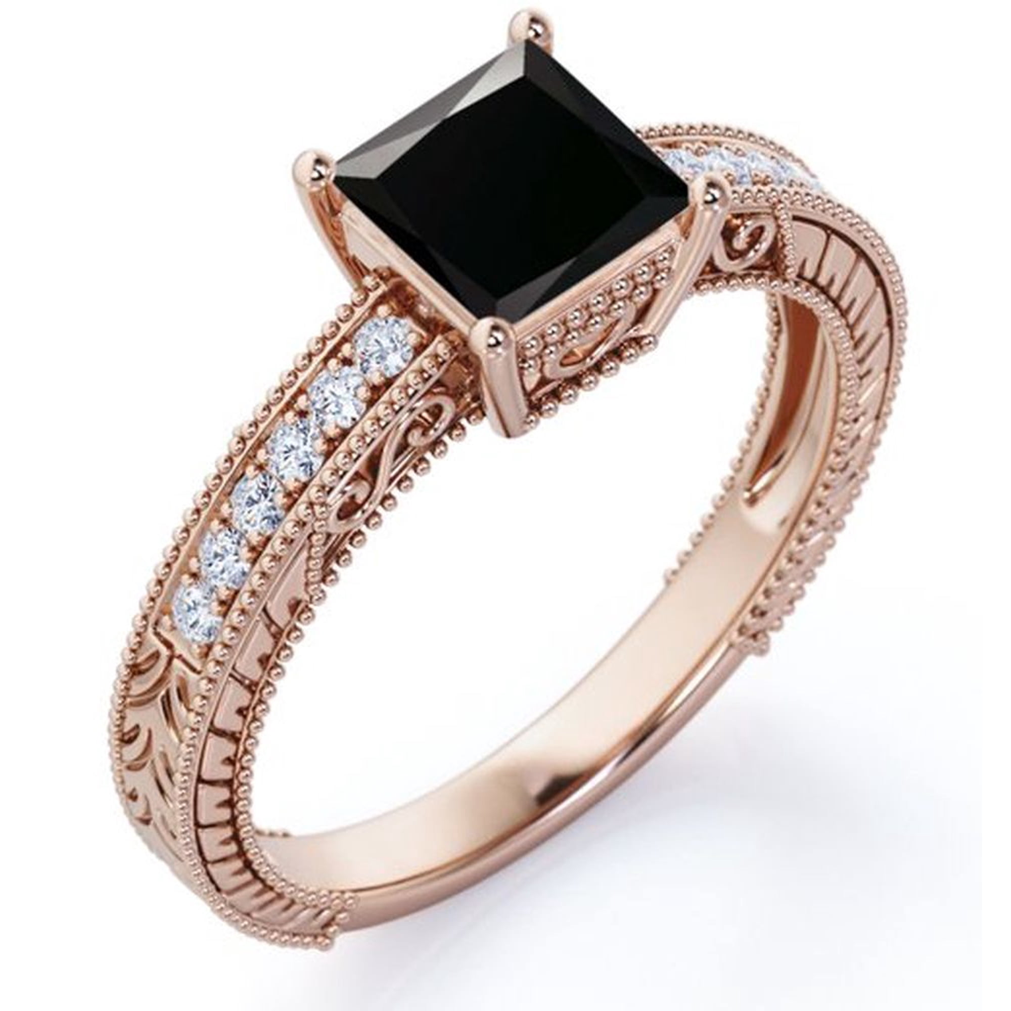 JeenMata Four Prong Cathedral - 1.75 Carat Princess Cut Lab Created Black Diamond and Moissanite - Milgrain Border - Victorian Pave Engagement Ring - 18K Rose Gold Plating over Silver