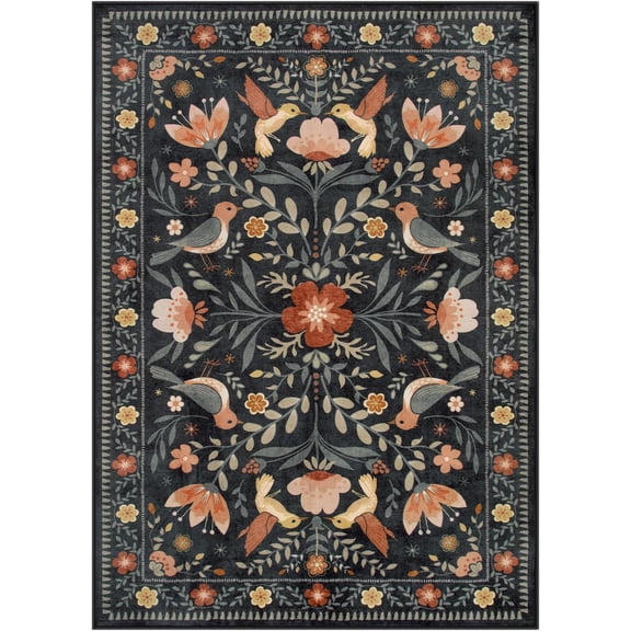 Boho Bird 3x5 Rug, Ultra Thin Washable Kitchen Rugs Anti Skid Rubber Backing, Low Pile, Soft, Indoor Large Black Throw Carpet for Entryway Office Bedroom Bathroom Living Room