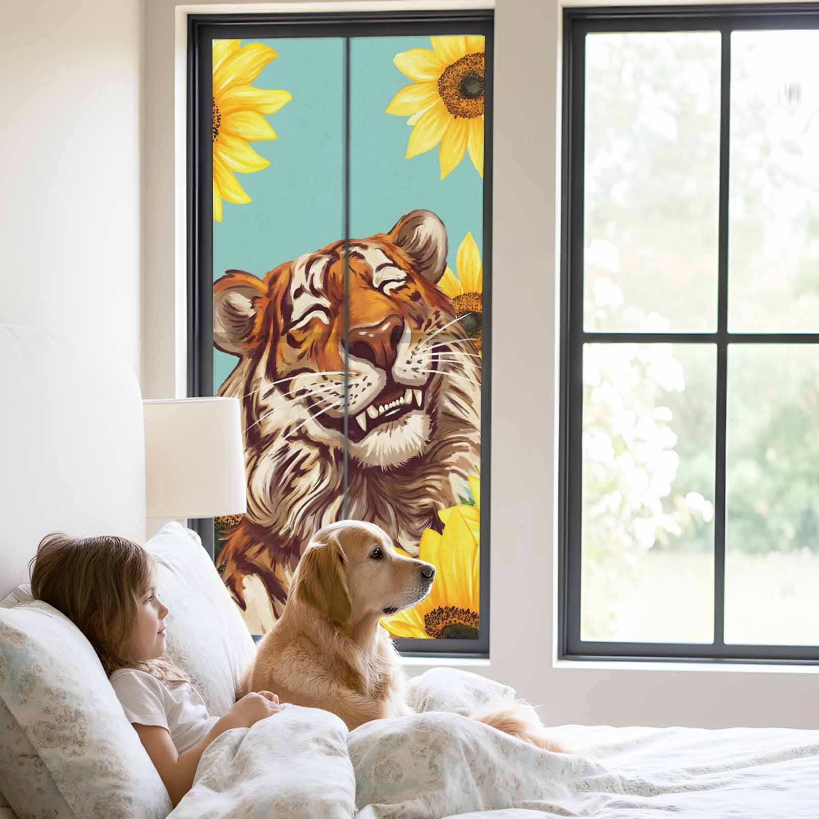 Funny Tiger Sunflower Window Privacy Film, Cartoon Summer Animal Floral Frosted Glass Window Clings Static Cling UV Heat Blocking Reusable Door Sticker for Bathroom 23.6 x 59 Inch