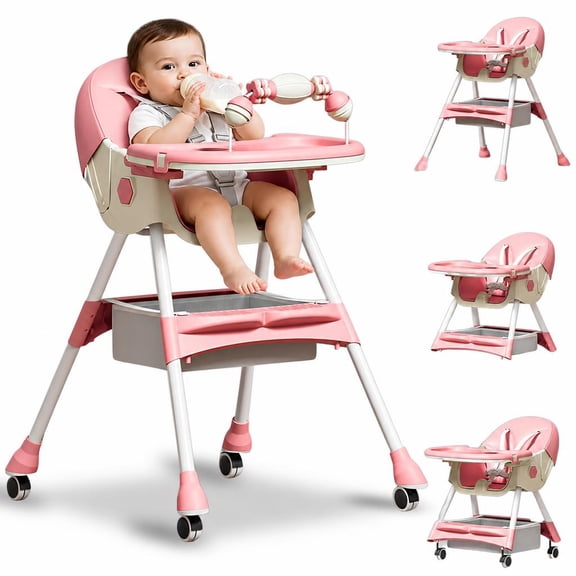 HDUTNGISN 4-in-1 Baby High Chair,Foldable Highchair Dining Feeding Chair with 5-Point Harness Double Dining Plate & Toy Rack,Infant to Toddler,Pink