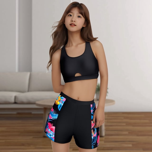 iTNHFP Girls Two Piece Swimsuits Womens 3 Piece Rash Guard Swimsuit Set Long Sleeve Bathing Suits with Boy Shorts Push Up Bikini Sets 492