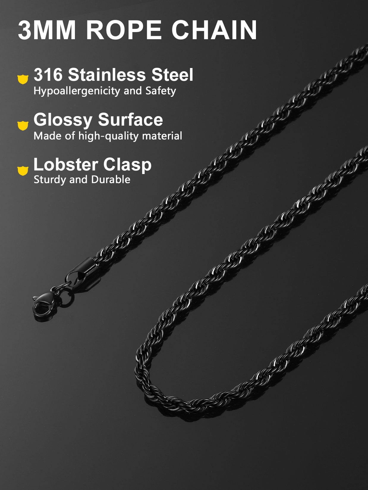 ChainsProMax Men 3mm Twist Rope Necklace Replacement Chain for Pendant Charm 18"-30" 316L Stainless Steel Necklace Gift for Dad Father Son