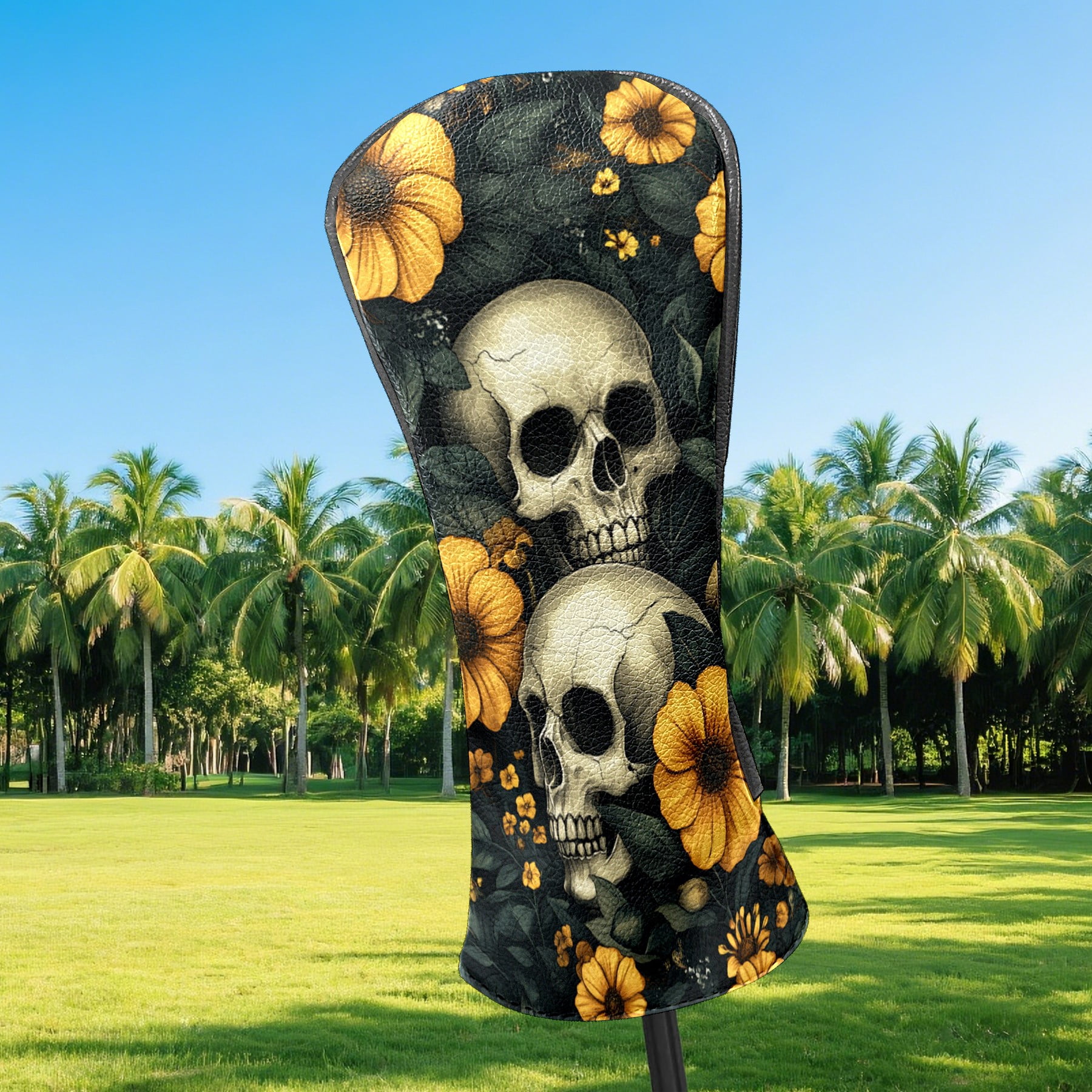 Golf Club Covers PU Leather Waterproof Head Covers for Fairway Woods Hybrids Yellow Flowers And Skulls