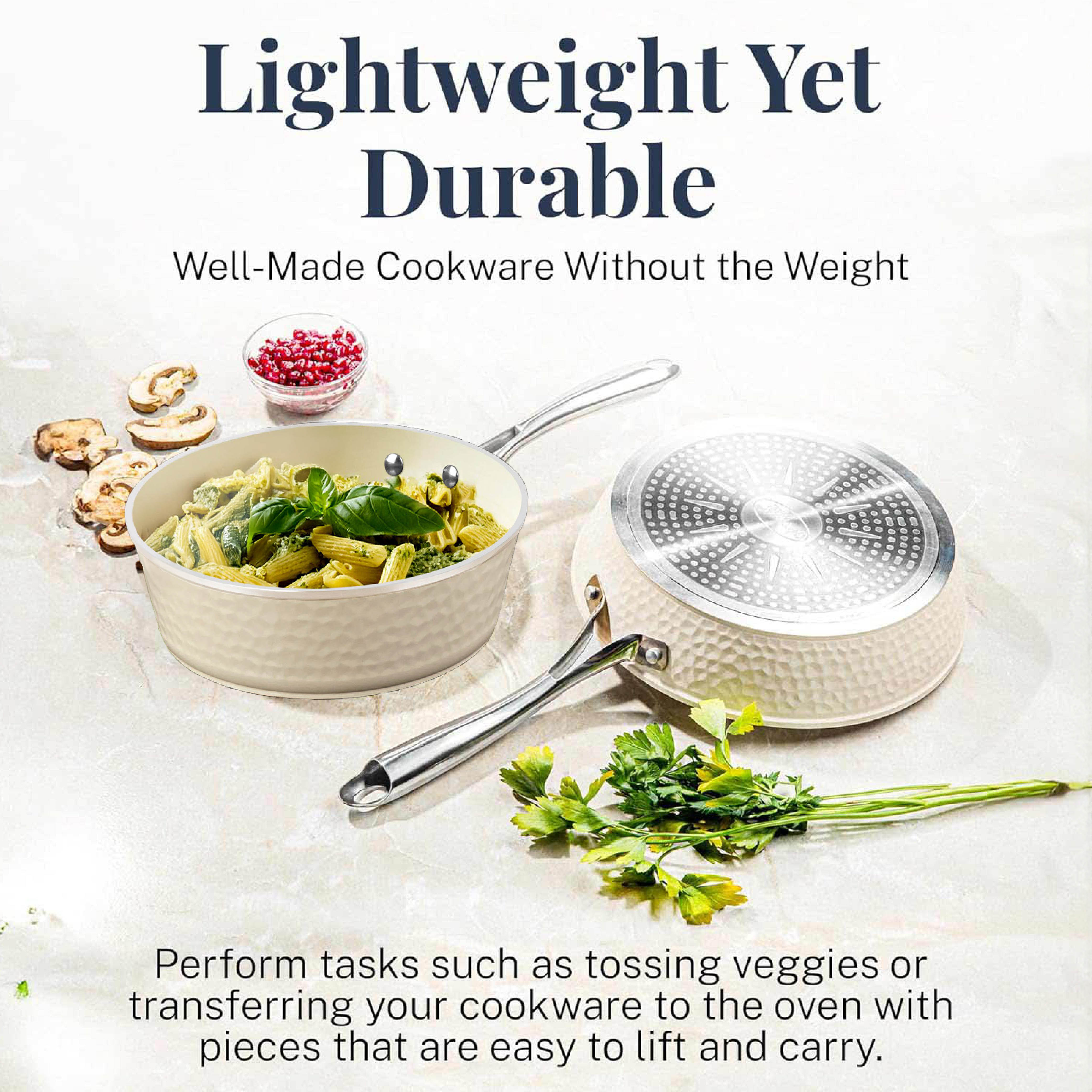 Gotham Steel Hammered 4 Quart Ceramic Frying Pan Non Stick with Lid, Nonstick Sauce Pan, Jumbo Cooker Cooking Pan Sauté Pan, Ceramic Family Pan, Frying Pans Nonstick with Lid, Cream