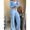 thumbnail image 5 of Women'S 2 Piece Casual Outfits Cropped Blazer Jackets High Waisted Wide Leg Work Pants Suit Set Sky Blue M, 5 of 6