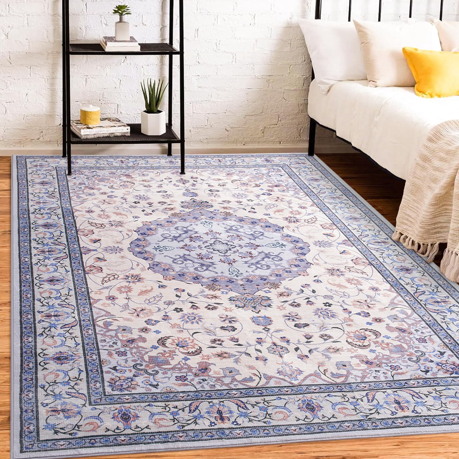 Jamfeel Area Rugs Vintage Floral Printed Washable Non-slip Carpets Foldable Thin Low Pile Rug for Living Room Bedroom 8'x10' Blue