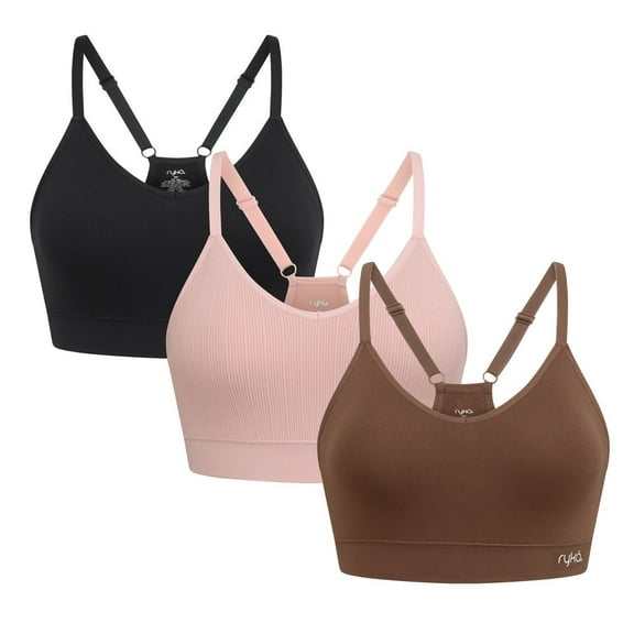 Ryka Ashley Seamless V-Neck Cami Sports Bra, 3 pack, Sepia Rs/Ntmg/B, Medium