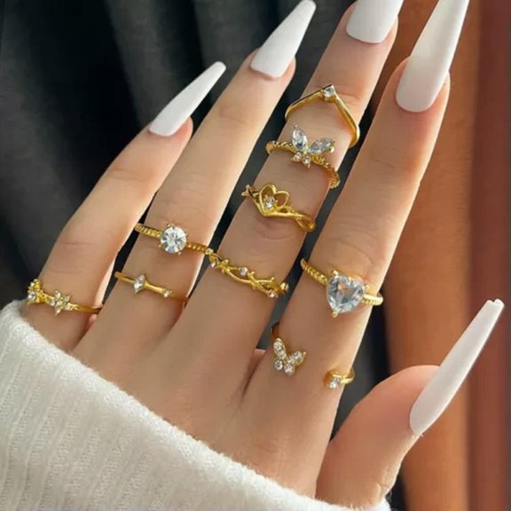 MATROOY Fashion Butterfly Stack Plain Above Knuckle Ring Midi Finger Rings Set Jewellery-9pcs butterfly heart