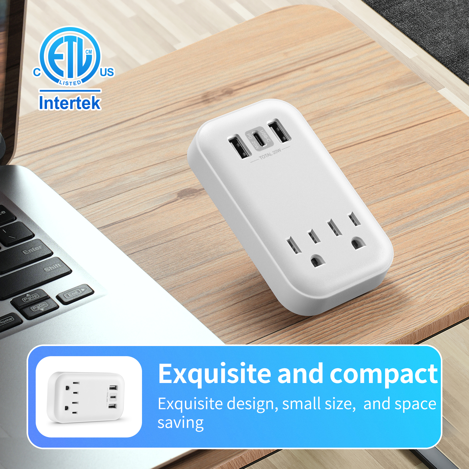 Hyper Tough USB Outlet Extender, 900J Surge Protector, 2 Outlet Splitter with USB-A & USB-C, White