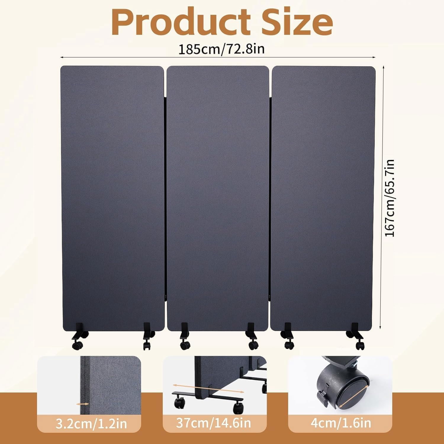 Maeklon 3 Panel 72 * 66in Freestanding Acoustic Room Divider,  PET Polyester Soundproof Room Screen with Wheels, Portable Partition Divider for Office, Reception Room, School, Hospital
