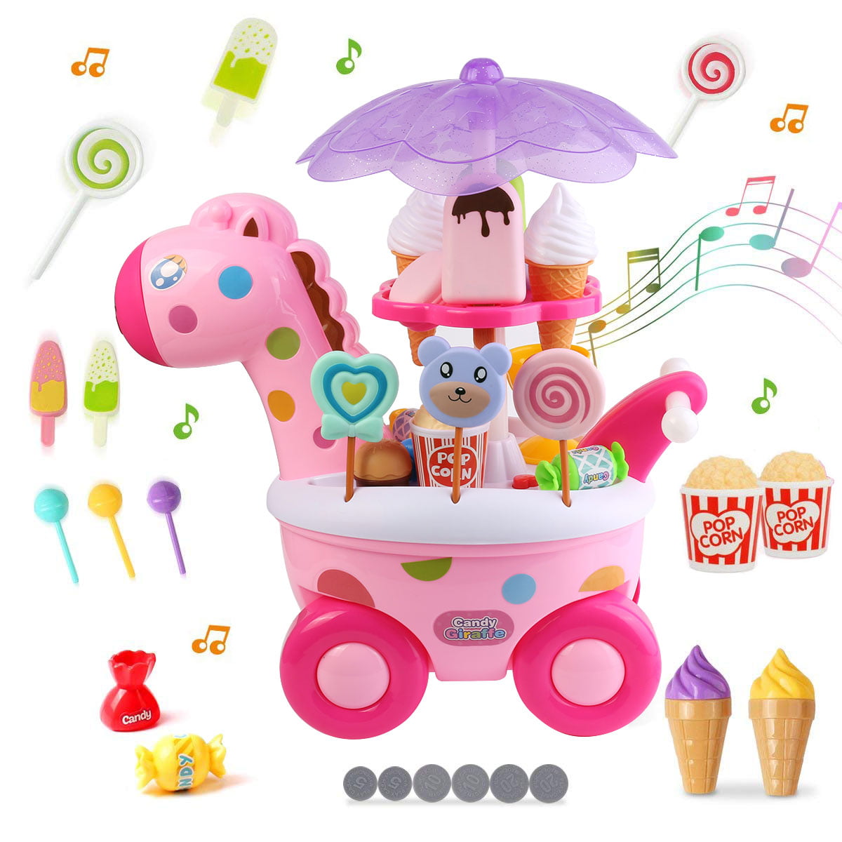 Candy Ice Cream Trolley Toy Set Giraffe Food Cart Shop With Music Light For Kid 