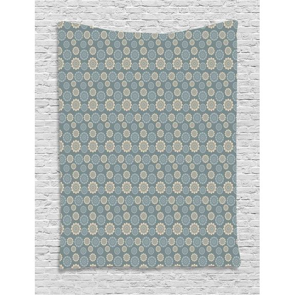 Dusty Blue Tapestry, Repeating Floral Motifs in Pastel Tones Abstract Artwork, Wall Hanging for Bedroom Living Room Dorm Decor, 40"W X 60"L, Blue Grey Beige and Pale Blue Grey, by Ambesonne