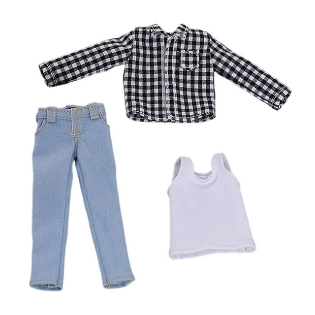 Camisa para Muñeco de 1/12 Escala Conjunto Casual Masculino con Pantalón Chaleco Y Camisa de Tela Duradera Adecuado para Adultos Y Exhibición de Colec cuadrícula blanca y negra