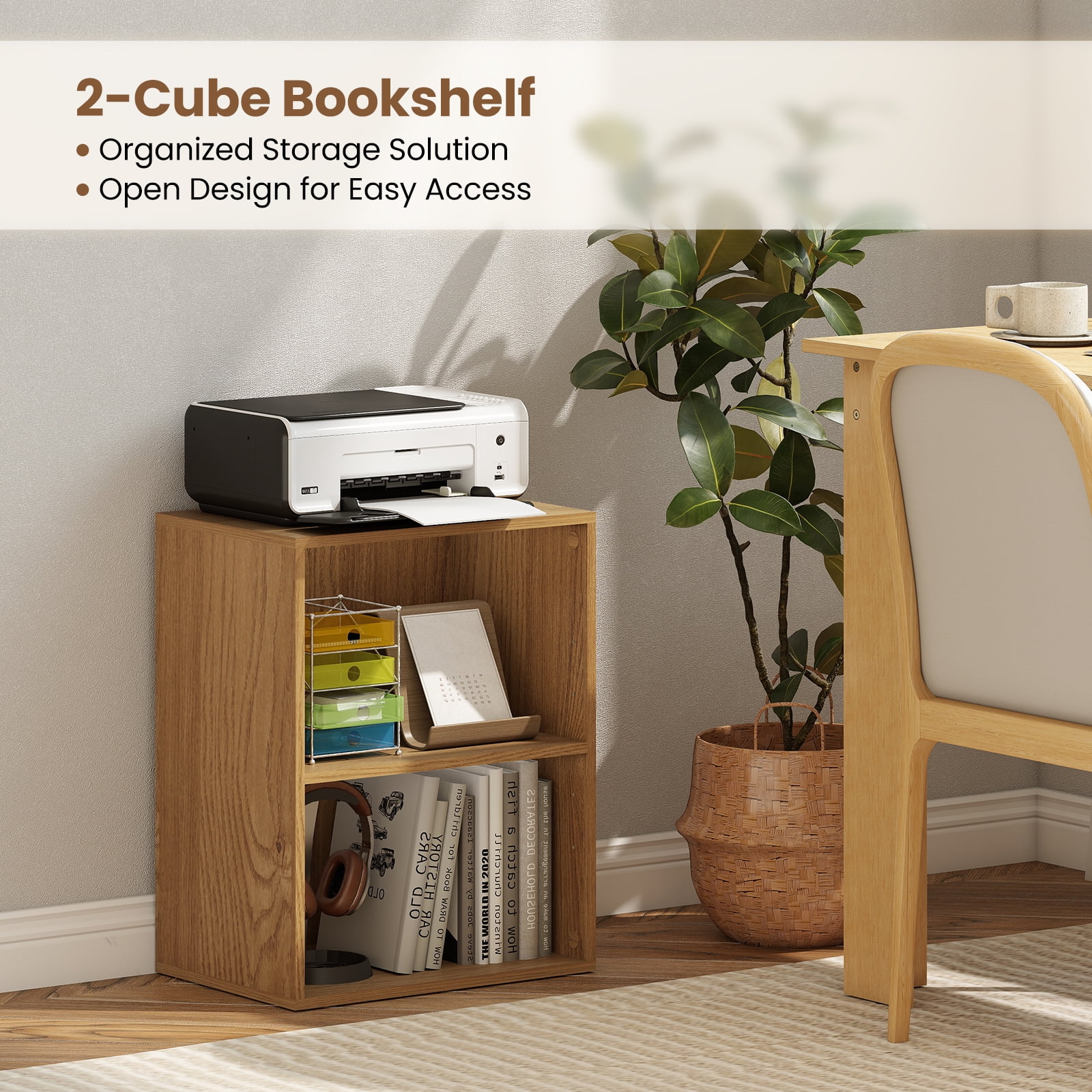 Gymax 2-Cube Bookcase w/ 5-Position Adjustable Shelf Anti-Toppling Kits for Study Natural