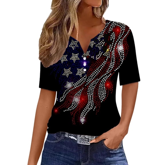 Tfken Independence Day Women Shirts 250Th Anniversary Short Sleeve V Neck Sequins Tops For America 4Th Of July Patriotic Female Comfortable T-Shirts Black