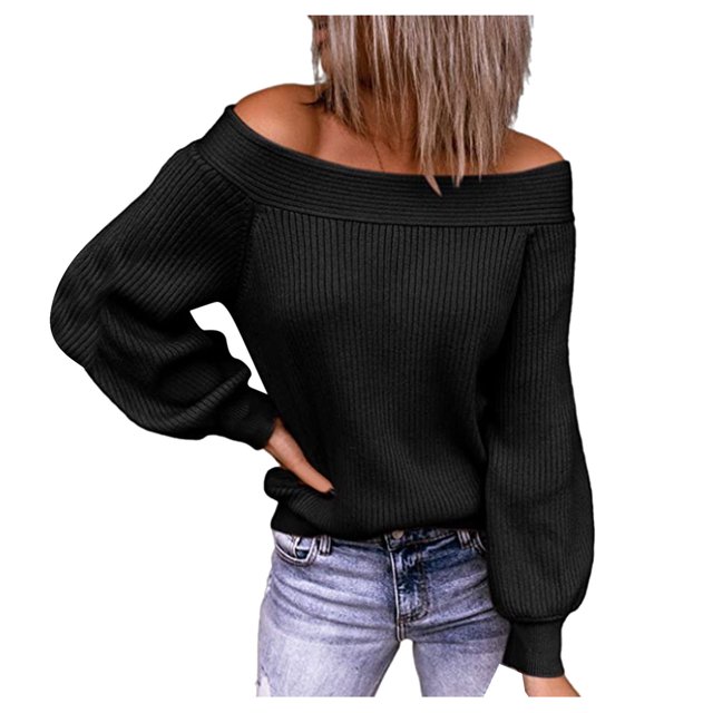 Gibobby Casual Suéter para Mujer, Suéter de Manga Larga de Color sólido para Mujer Suéter Suelto de Cuello Redondo Informal Otoño Invierno Suéter de Punto Tops(Negro,G)