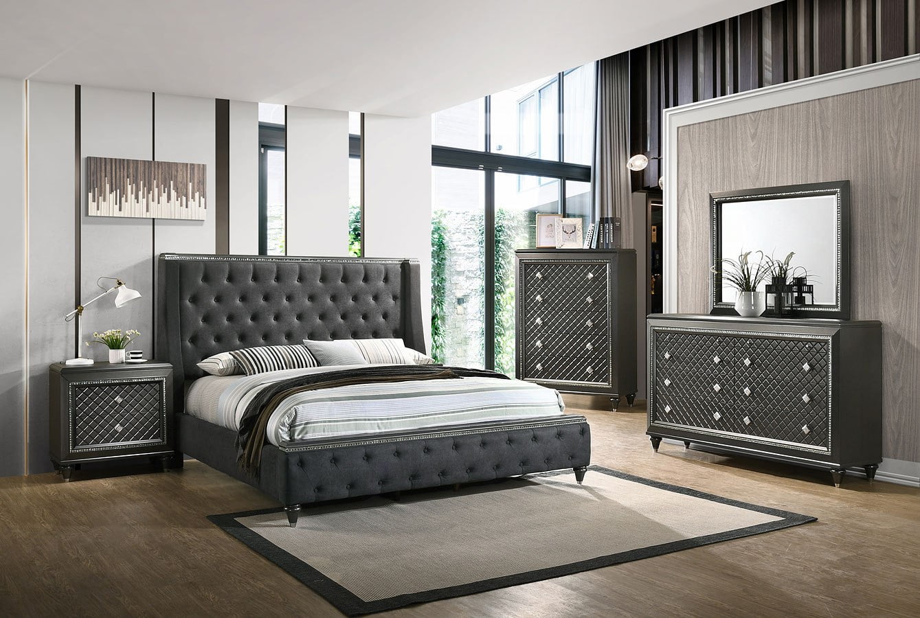 Contemporary 5pc King Size Bedroom Set Grey Upholstered Bed Dresser