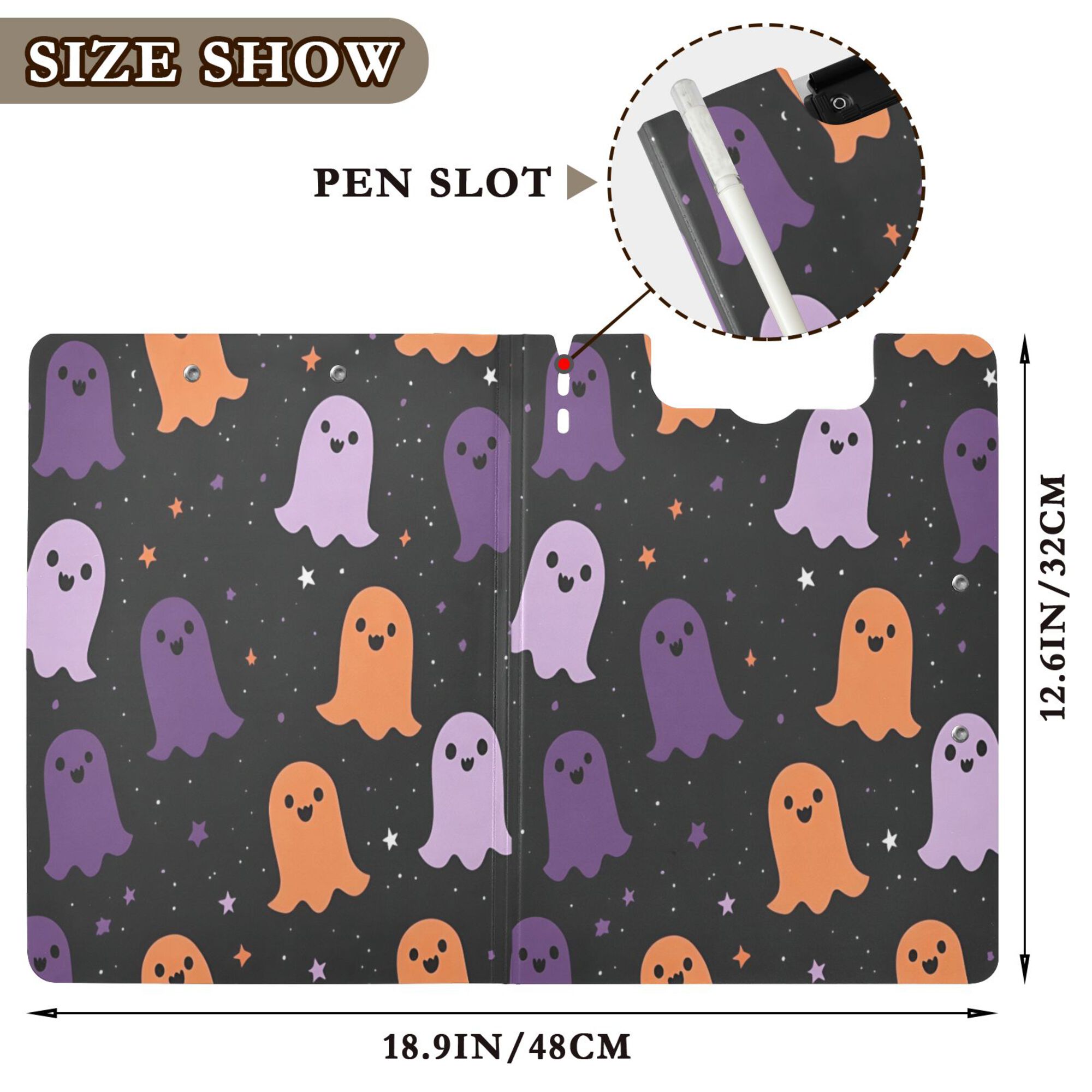 FORMRS A4 Clipboard Folder with Pen Holder Horizontal Foldable School Office Binder, Halloween Orange Ghosts