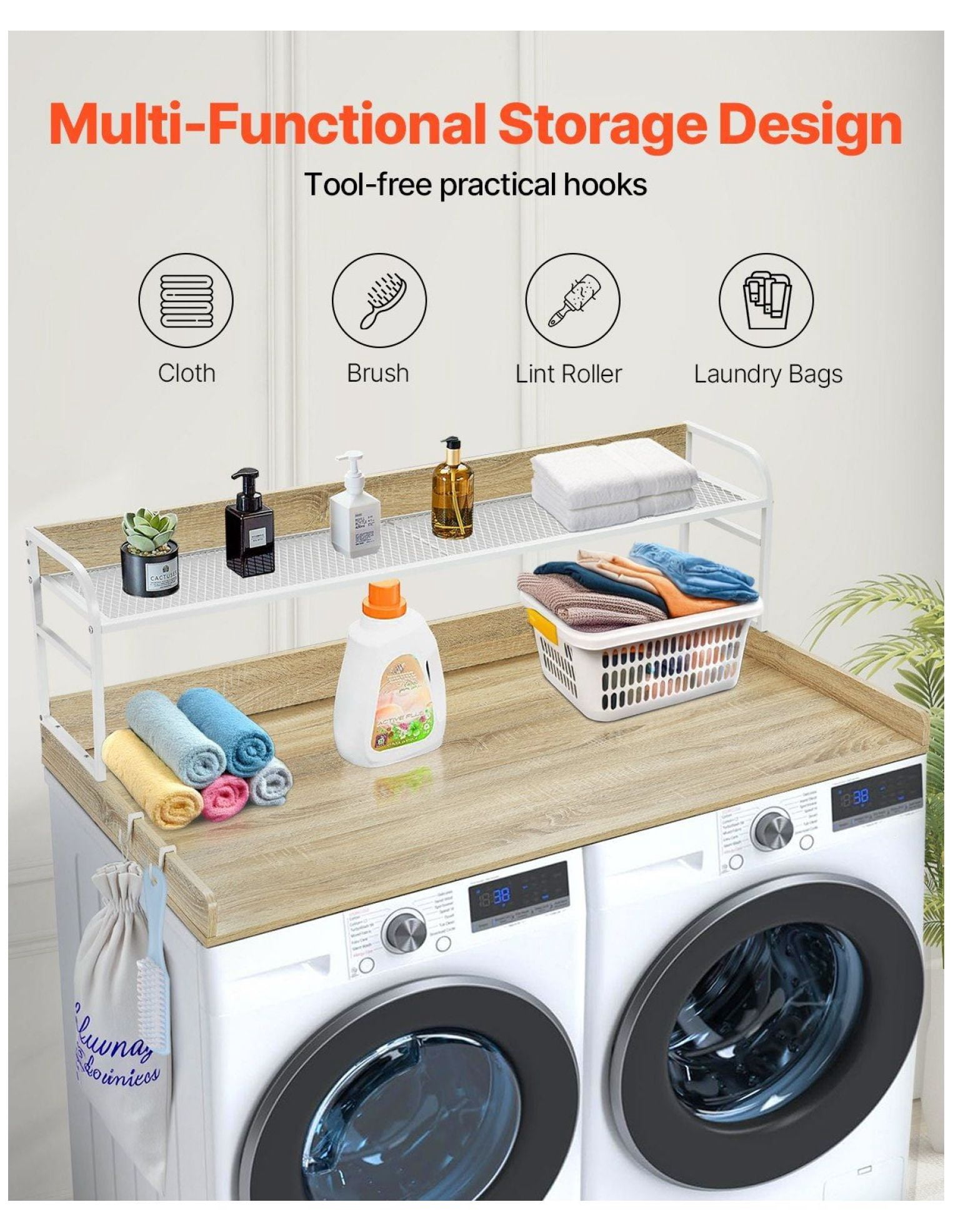 Washer Dryer Countertop 54x27", Laundry Topper with Shelf, Wooden Washer and Dryer Stand - Oak