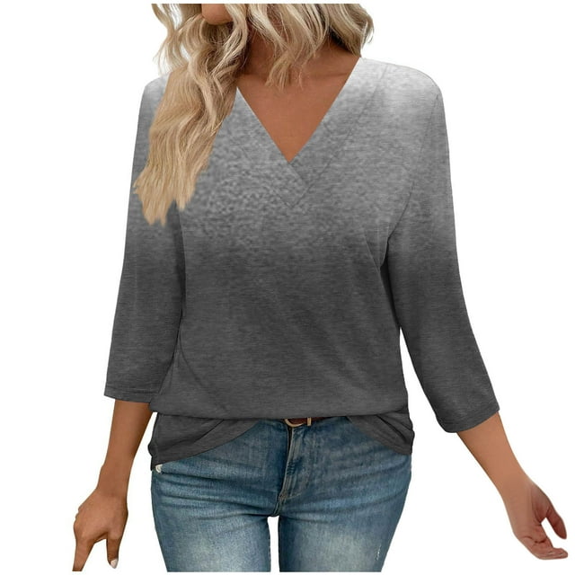 Yuyuzo 3/4 Length Tops Women Round Neck T Shirts Color Block Summer Top Loose Fitting Tees