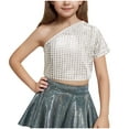 thumbnail image 2 of BLTIBY 2025 Girls Sequin T Shirts Solid Color Summer Short Sleeve One Shoulder Dance Costume Kids Performance Outfit with Exposed Waist and Navel Top Silver 4-5 Years, 2 of 4