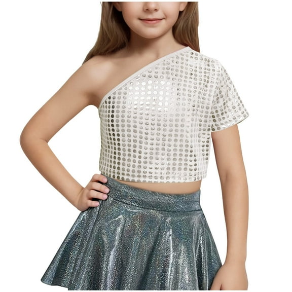 KyCheLot Crop Top for Girls Sparkly One-Shoulder Short Sleeve Clubwear Party Dance Tops 3-16 Years
