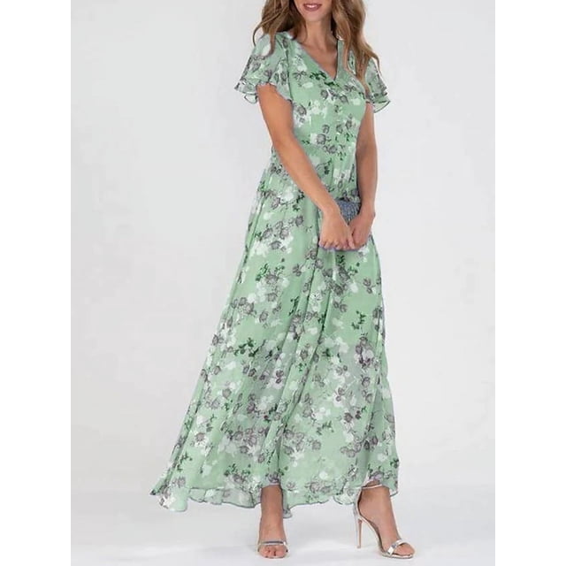 HH 2023 New Beach Large Swing Dress Chiffon Floral Short Sleeve Ruffled V-neck Fashion Waist-Controlled Dress