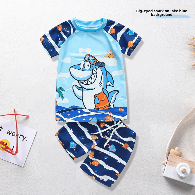 Traje de baño de verano para niños, directo de fábrica, manga corta, dibujos animados, 2024, traje de dos piezas para niños, gorro de baño, calzoncillos de baño