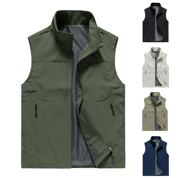 BinBiL Men's Fall Utility Vest Multi Pockets Sleeveless Jacket Lightweight Outdoor Work Cargo Vest for Fishing Travel Photo Khaki 8(XL)