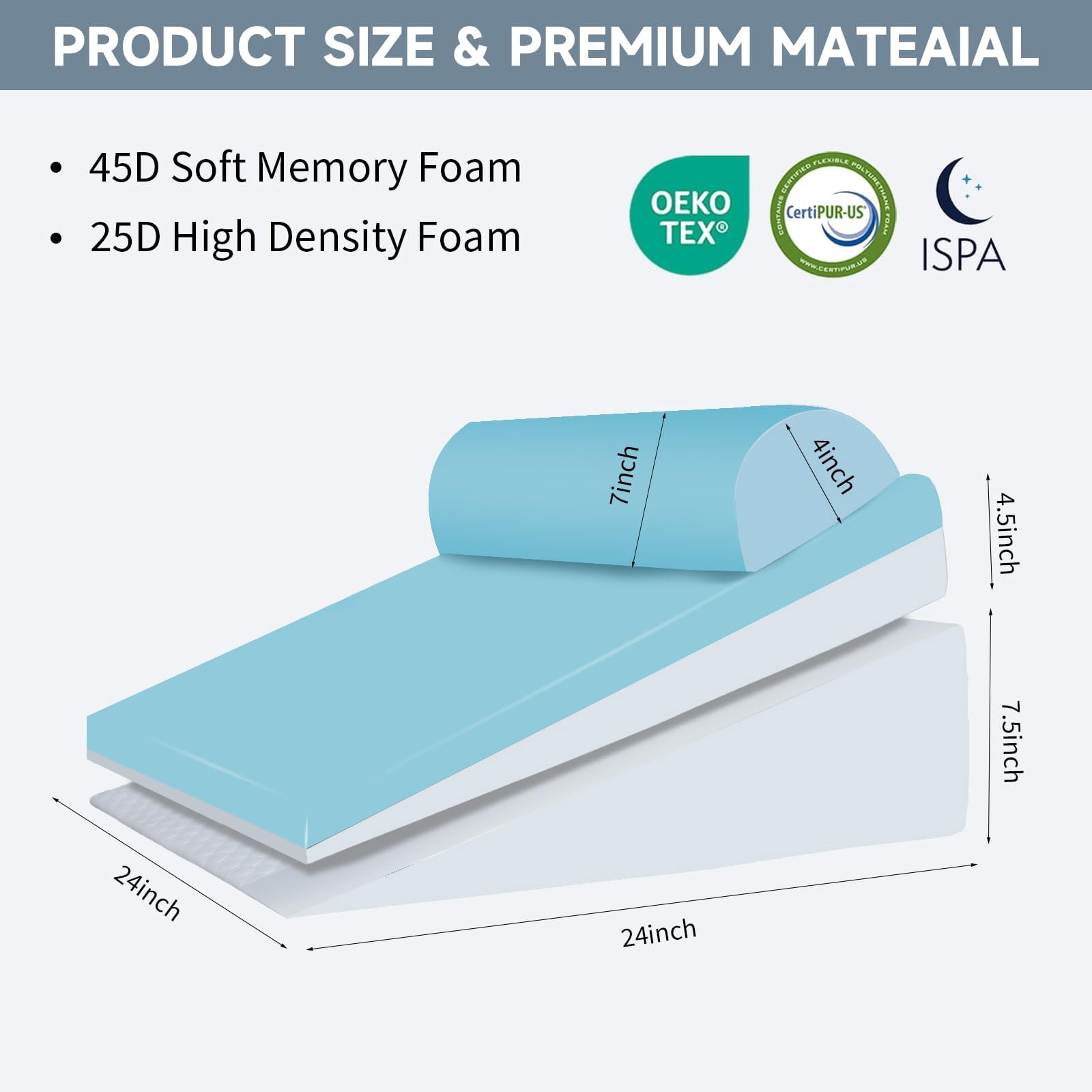 Bed Wedge Pillow For Sleeping  3 Adjustable Height 4.5&7.5&12 Inch Triangle Acid Reflux (gray)