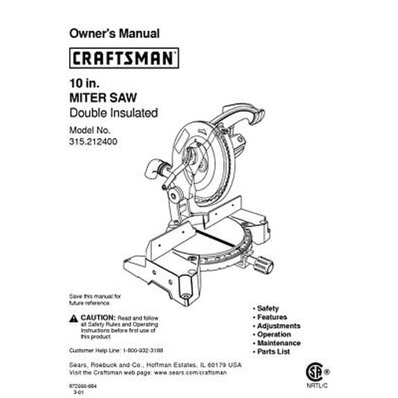 Instruction Manual ONLY for Craftsman 315.212400 Miter Saw Owners Instruction Manual REPRINT