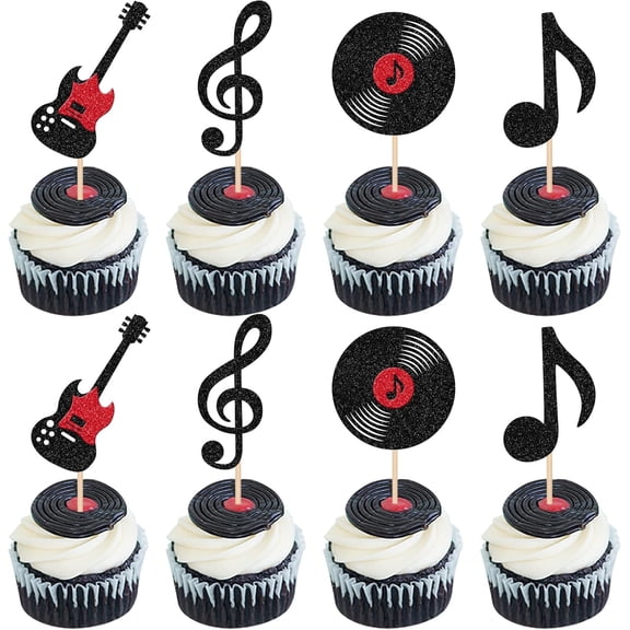Rock Music Theme Cupcake Toppers, Black Glitter Guitar, Vinyl Record and Music Notes Picks, Birthday Party Decorations, 12 PCS