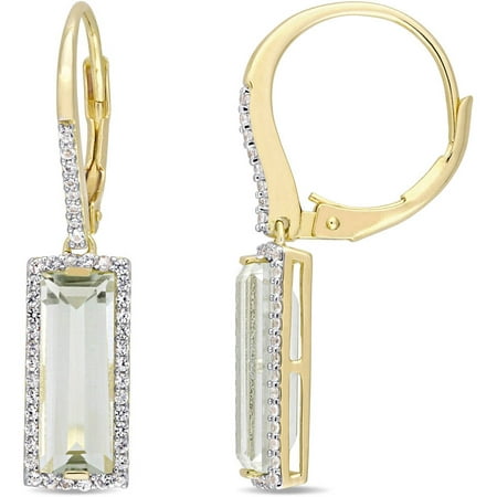 Tangelo 5-1/10 Carat T.G.W. Green Amethyst and White Sapphire Yellow Rhodium-Plated Sterling Silver Baguette Earrings