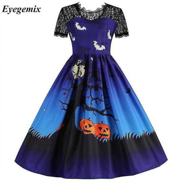 Vestido Retro de encaje para Halloween, disfraces de mujer de manga corta de los años 50 y 60, vestidos de fiesta Vintage con calavera y bruja, ropa aterradora para Halloween, Cosplay