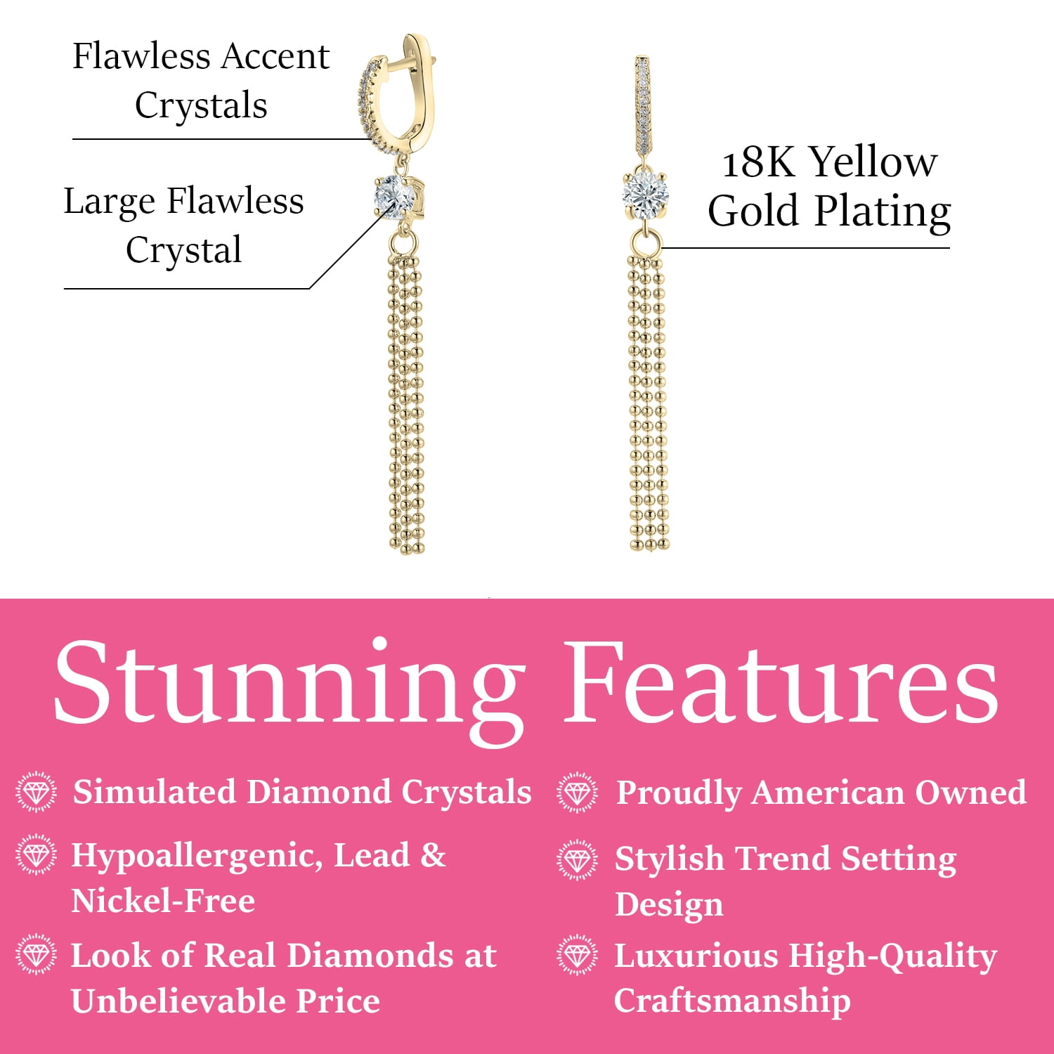 Cate & Chloe Raya 18k Yellow Gold Plated Dangle Earrings with Simulated Diamond Crystals for Women