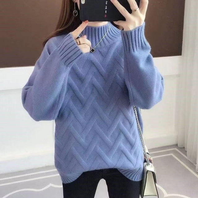 Suéter de mujer de color sólido de cuello semi alto, suéter cálido de moda para otoño e invierno