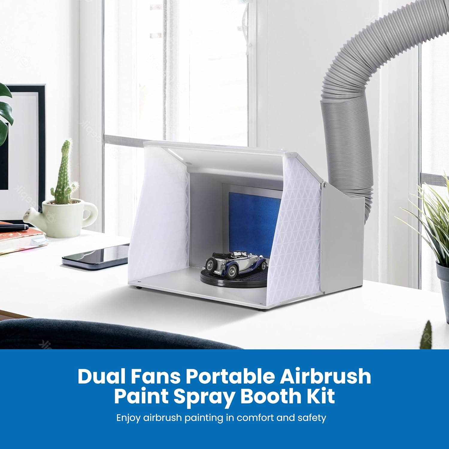 SPECSTAR Dual Fans Airbrush Paint Spray Booth with 4 LED Lights Turn Table and Filter Hose, Portable Airbrush Booth for Painting Model Craft