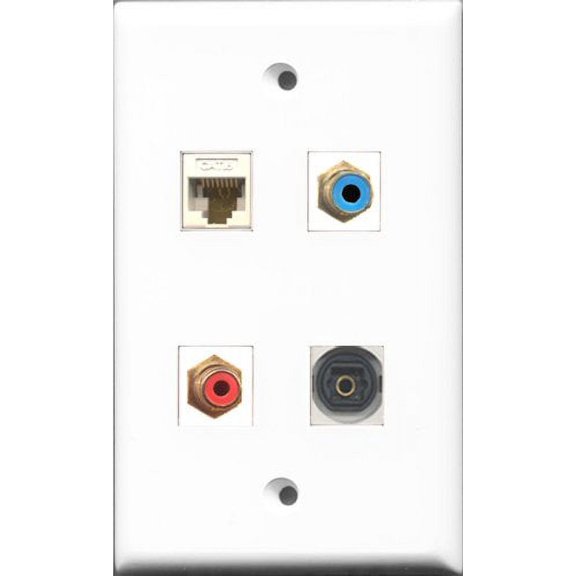 RiteAV 1 Port RCA Red and 1 Port RCA Blue and 1 Port Toslink and 1 Port Cat6 Ethernet White Wall Plate