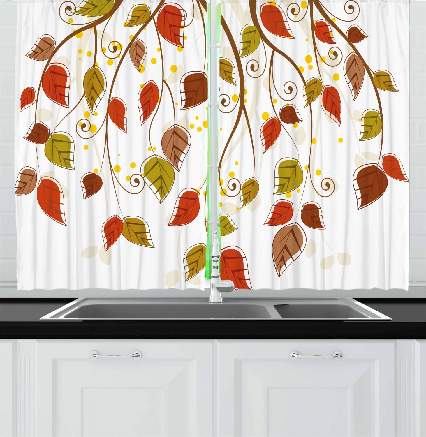 Autumn Curtains 2 Panels Set, Branches with Fall Leaves Seasonal Colors