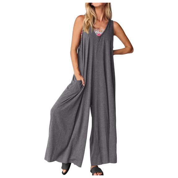 Women's Casual Summer Jumpsuit Sleeveless Loose Fit Romper Overalls With Pockets Trendy 2024 Fashion Outfit