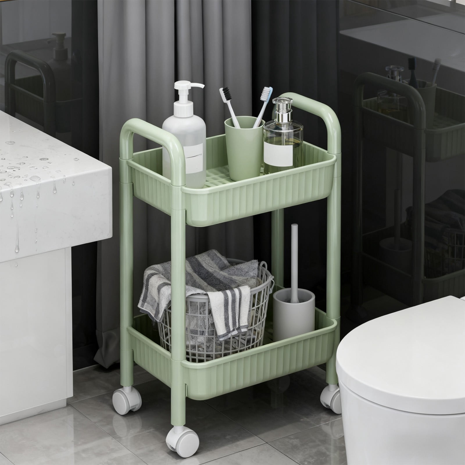 HOZVOMI 2-Tier Rolling Cart with Wheels, Lockable Swivel Casters, Multi-Purpose Storage Organizer for Kitchen, Office, Bedroom, Laundry, and Bathroom