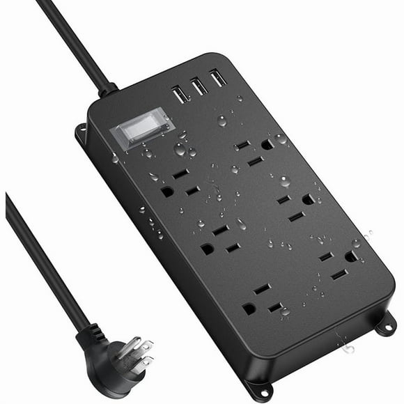 Barre d'Alimentation avec USB, Parasurtenseur 3 Ports USB, 6 Prises Cordon 5 Pi, Prise Plate Extérieur