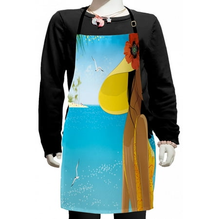 

Beach Kids Apron Portrait of a Young Woman in Yellow Hat with Poppies on Tropical Sea Coast in Summer Boys Girls Apron Bib with Adjustable Ties for Cooking Baking Painting Multicolor by Ambesonne
