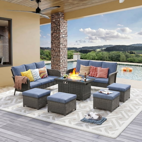Brafab 10 Seat Outdoor Patio Furniture Set with 44" Gas Fire Pit Table, PE Wicker Patio Conversation Sets Cushioned Seat Couch Outdoor Sectional Chair Sofa Set for Yard Garden Porch | Blue